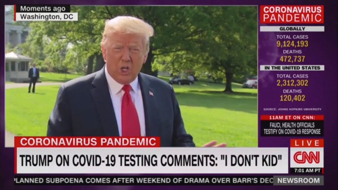Trump Says ‘I Don’t Kid’ When Asked About Slowing Down Coronavirus Testing